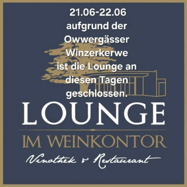 Geänderte Öffnungszeiten zur Ovwergässer Winzerkerwe.

Am Samstag, den 21 Juni und Sonntag, den 22. Juni bleibt die Lounge geschlossen.

Wir wünschen euch ein schönes Weinfest in Edenkoben
_______________________
Lounge im Weinkontor
Weinstraße 131, 67480 Edenkoben
www. wklounge.de
Telefon: 06323-9898456
E-Mail: info@wklounge.de

#edenkoben#pfalz #pfalzliebe#goodlife#foodporn #food # Fronleichnam #weinfeste #neustadtanderweinstrasse #landauinderpfalz #landau #maikammer #pfalzliebe #Ovwergässer
#rheinlandpfalz #wein #Longdrinks# #pfälzerwald #loungeimweinkontor#weinliebhaber#weinliebe # Aperol #landauinderpfalz#zumwohldiepfalz#genuss #genussmomente #Cocktail

Mehr dazu unter Facebook Lounge im Weinkontor
(Werbung)